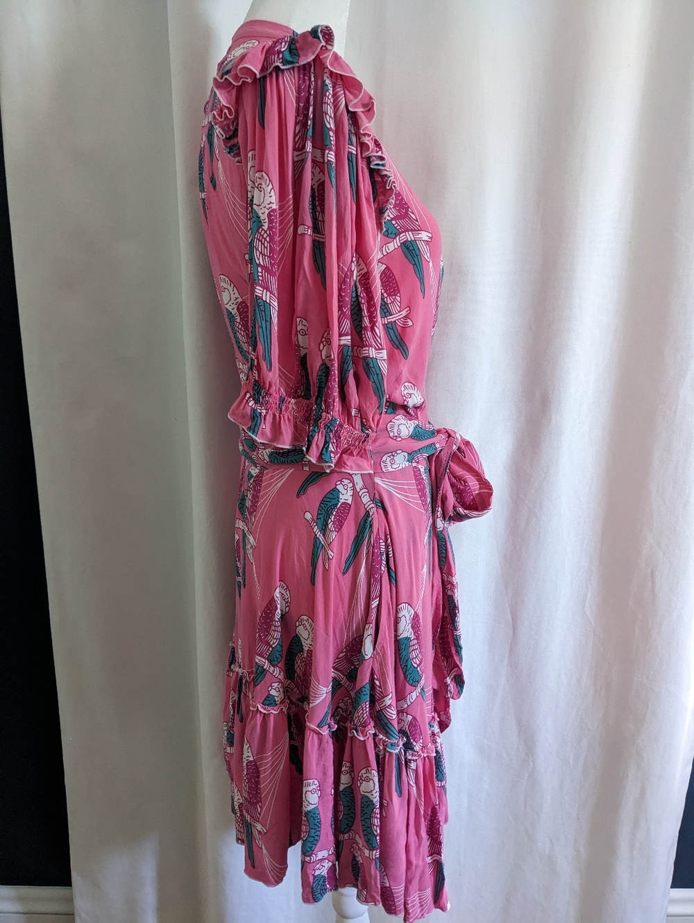 Feather & Find Boho Luxe Floral Tiered Wrap Mini Dress Pink Parrot Large - Picture 5 of 11